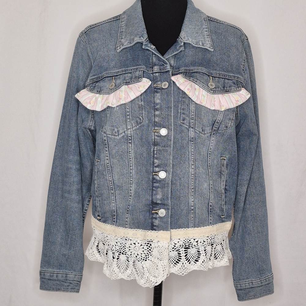 Lucky Brand Customized Pearls and Lace Denim Jacket - Size XL